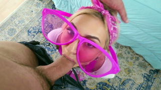 Charming minx in big pink glasses Chloe Temple gives a fantastic oral job