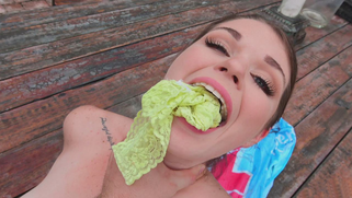 Gagged teen hard fucked in POV and jizzed on face and tits