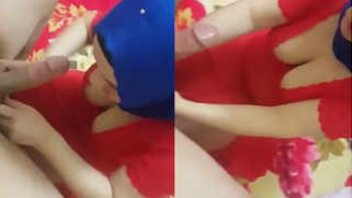 Lucky guy enjoys blowjob by Arab girl in blue hijab and red dress