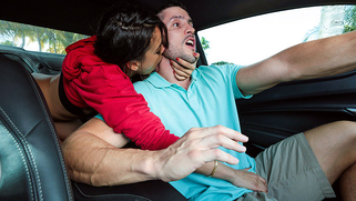 Half-naked mom Luna Star gives a porn blowjob to son in a moving car