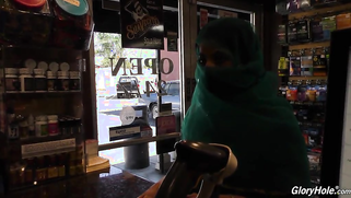 Arab lovely in green hijab finds gloryhole room in a sex shop | XXX Video on AllSex.XXX