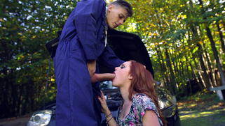 Redhead Ella Hughes has to pay to mechanic and chooses oral sex