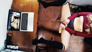 Hot Wife Gets Cumshot On Tits Masturbating Watching XXX Porn on AllSex