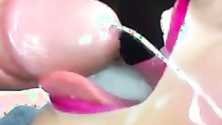 Enticing babe shows the best XXX sex way to make man cum on tongue