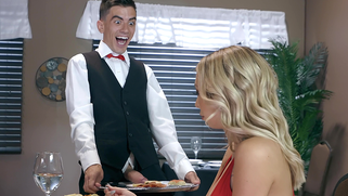 Kat Dior gives cocky waiter XXX lesson while husband is in restroom