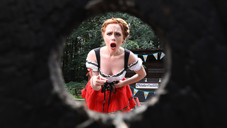 Redhead Ella Hughes gives XXX pervert blowjob wearing Dirndl dress