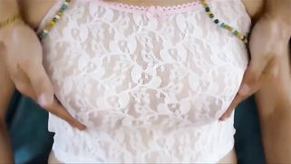 Seductive Indian MILF touches her new boobies together with husband