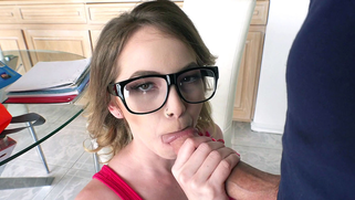 Teen with sexy glasses, mind blowing office blowjob