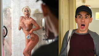 Curvy naked mommy seduced a stepson after she caught him in her shower