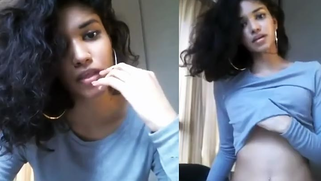 Skinny Desi webcam sex model wears blue T-shirt and never takes it off