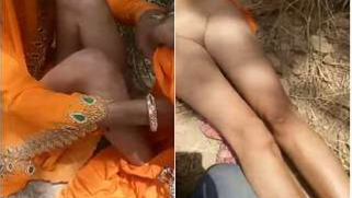 Man watches Desi girlfriend in orange sari taking pants off for XXX video