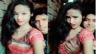 Suddenly boy grabs XXX tits of Desi dollface covered with thin fabric