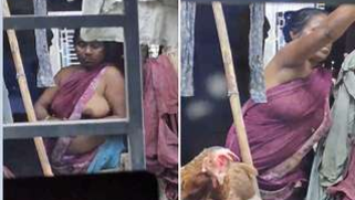 Boy spies on Indian village woman doing housework and flashing XXX tits