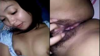 Indian girl slowly touches her small boobies and exposes hairy XXX pussy