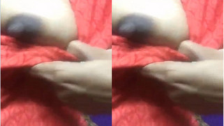 Desi wife in red sari takes tit out and springs XXX perky sex nipple