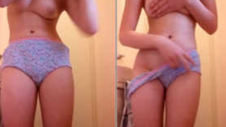 Teen takes bra and panties off to exposes XXX tits and sex slit