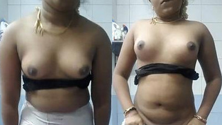 Modest Desi teen finds courage to show perky XXX tits in bathroom