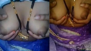 Indian chick plays with XXX tits and prepares BF for sex by stroking dick