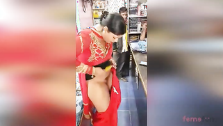 Lewd Desi aunty flashes her hairy pussy in the shop