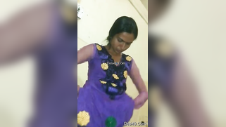 Skinny Desi girl wears pink lingerie and then puts on blue sari