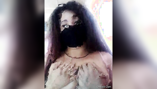 Indian girl with black mask opens white shirt to expose saggy boobs | XXX Video on AllSex.XXX
