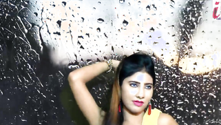 Indian girl with detached face poses with yellow sari and opens boobs