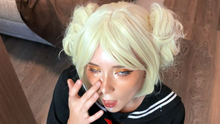 Fan of cosplay rewarded with XXX facial after hot sex on the table