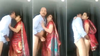 Cheating Mallu aunty in saree has quick sex with her neighbor while her husband watches baseball