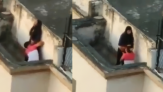 Lustful Muslim Wife Banging Her Hot Lover in On the Roof of the Ruins, Spied by Hidden Cam