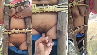 Desi Slave Village Slut Tied to Ladder, Exposing Round Bouncing Boobs and Fat Dripping Pussy
