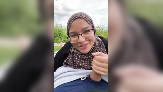 Horny Straight-A Slut In Hijab Moans Like a Total Bitch Sucking Classmate's Cock in Bushes