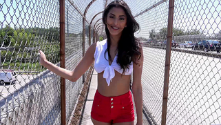 Marvelous XXX latina with natural breasts pleasuring bald dude in public